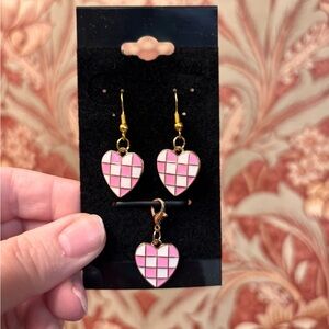 3pc new Pink Heart checked Earrings w matching charm